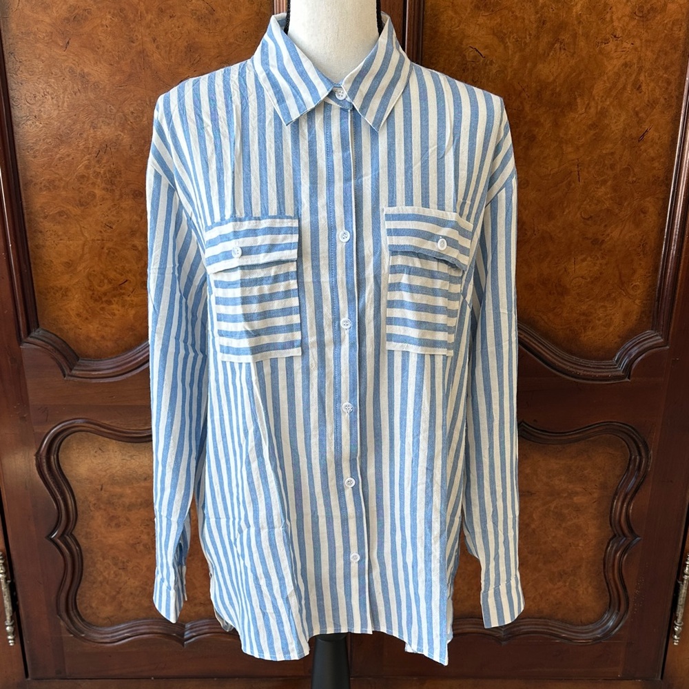 White and Blue Long Sleeve Button Down Shirt - Picture 6 of 17